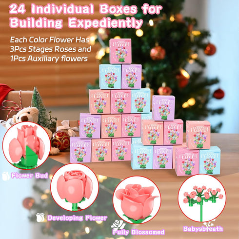 Set, 24 1380Pcs Sopu Colorful Rose Bouquet Flowers Building Boxes Artificial Flowers Botanical Collection Flowers