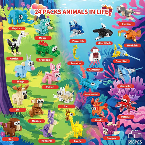 24 Pack 72 Set, 6-12+ Party Favors for Kids - Kinds of Animals Building Block Toy Stocking Stuffers Classroom Prizes