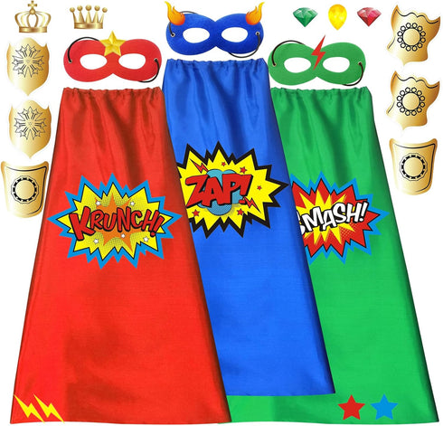 ADJOY Superhero Capes and Masks for Kids, Birthday Party Dress Up Costume, 3 Sets in Red Green Blue