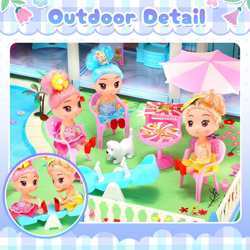 AmiDear 4-Story 11 Playset 3 4 5 6 7 8 9 10 Dollhouse with Rooms, Dream Gift Princess Doll House with Furniture, Blue