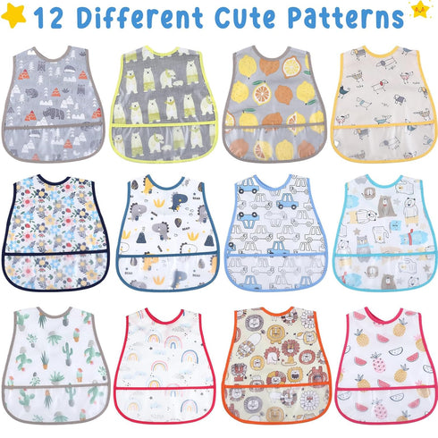 24 6 36 Jeyiour Pcs Baby Waterproof Bibs with Food Catcher Adjustable Snaps Plastic Feeding Bibs for Toddlers