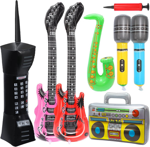 Inflatable Rock Star Toy Set - 8 Pack Inflatable Instruments Party Props for 80's 90's Party Decorations