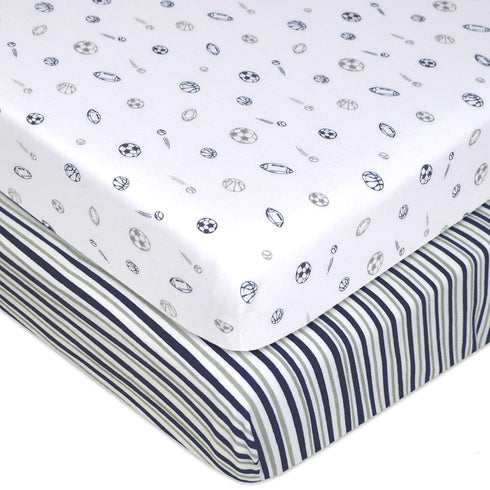 American Baby Company 2 Pack 100% Natural Cotton Fitted Pack and Play Sheets, Navy/Grey Sport Stripes