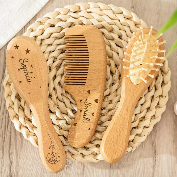 PLOVEGIFT Custom Name/Birth Flower/Animal Pattern Baby Hairbrush And Comb Set, Wooden Goat Bristles