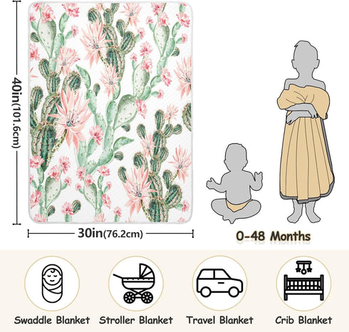 Cactus Baby Blanket for Girls Boys - Soft Warm Reversible Infant, Newborn, Toddler Receiving Blanket, 30"x40"