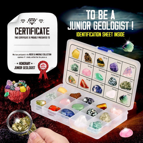 XXTOYS Kids Rocks Collection - 15-Piece Rock Collections for Kids - Cool Geology Gem Kit with Identification Sheet - Gemstones Set Box with Learning Guide and Storage Case - Educational Gift for Kids