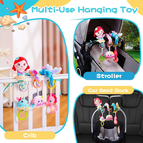0-6 Koty Carseat Toys Hanging, Blue Mermaid Stroller Toys for Babies Months, Baby Car Seat Toy with Crinkle, Teether