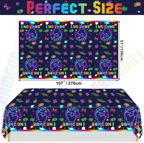 4Pcs Video Game Party Tablecloth, Neon Game On Table Covers, Rectangular Table Decoration Gaming Night Birthday Party Decorations for Kids Boys Girls, 51x107Inch