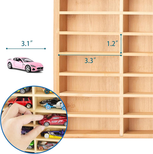 KISLANE Stylish Bamboo Wood Toy Cars Display Case with Removable Shelves for 30-Slot Wall-Mountable Organizer