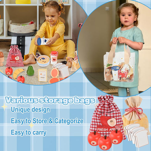 Set, 3+ Wooden Play Food Wooden Food for Play Kitchen, Wood Food Toys with Storage Bag, Play Kitchen Accessories, Gift