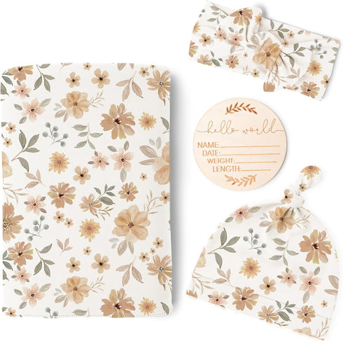 Konssy Baby Girl Newborn Receiving Blanket with Matching Headband and Beanie Set, Floral Print Nursery Swaddle Wrap