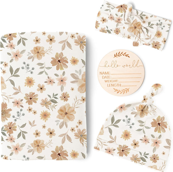 Konssy Baby Girl Newborn Receiving Blanket with Matching Headband and Beanie Set, Floral Print Nursery Swaddle Wrap