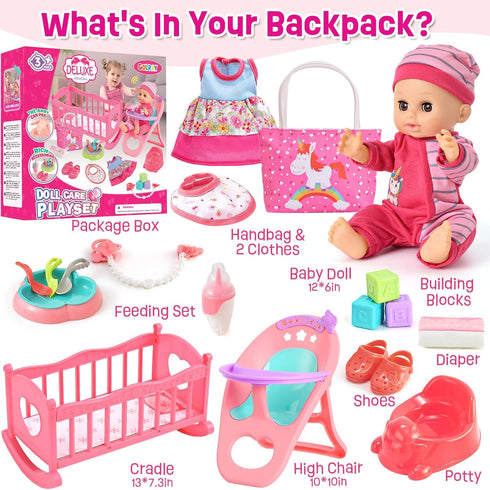 12in Set 20pcs Bag/Cradle/2 3 4 5 6 Golray Girl Baby Doll Crib and High Chair - Sound&Pee Interactive Baby Doll