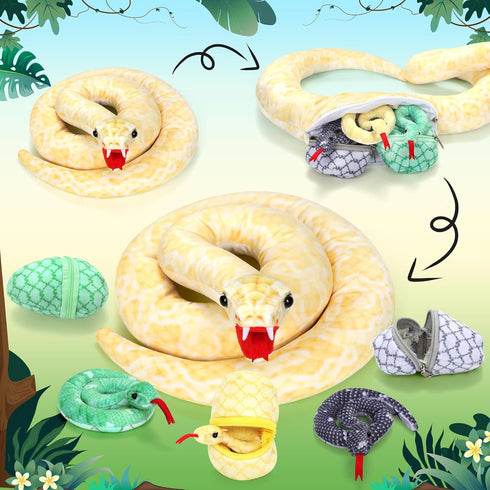 53 Inch Giant Snake Plush Mommy with 3 Babies - Realistic Golden Python Stuffed Animal Easter Gift for Kids