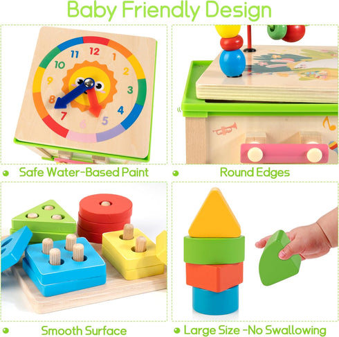 Wooden 7-in-1 Activity Cube, Montessori Toys for 1 2 3 Year Old Toddlers, Educational Developmental Toys