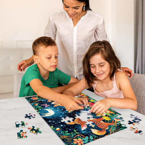 Puzzles for Kids Ages 4-8 - Cute Deer Party in Forest Night - 100 Piece Jigsaw Puzzles for Educational Learning