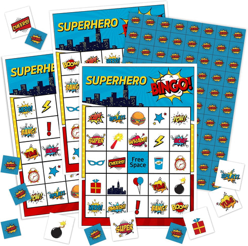 Superhero Bingo Card Set - 24 Players, Happy New Year Activities for Family Party, 5x7 inches Bingo Game Kit