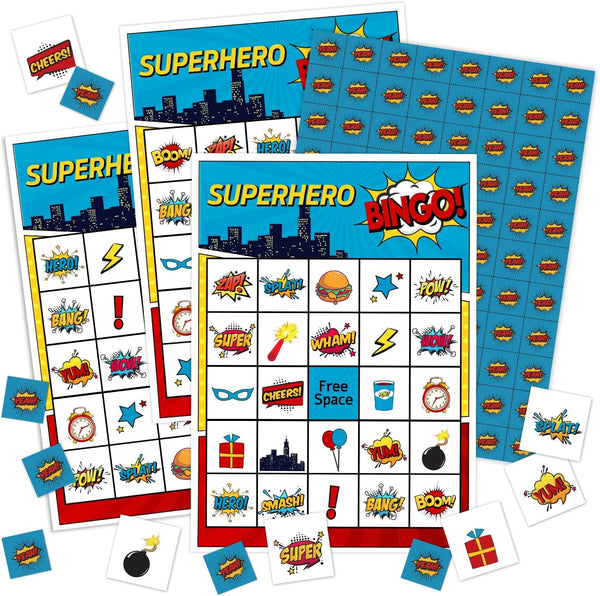 Superhero Bingo Card Set - 24 Players, Happy New Year Activities for Family Party, 5x7 inches Bingo Game Kit