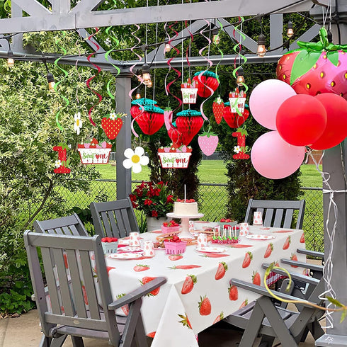 2 Pcs Strawberry Tablecloth, Plastic Table Covers 87 x 51 Inches for Birthday Party Supplies