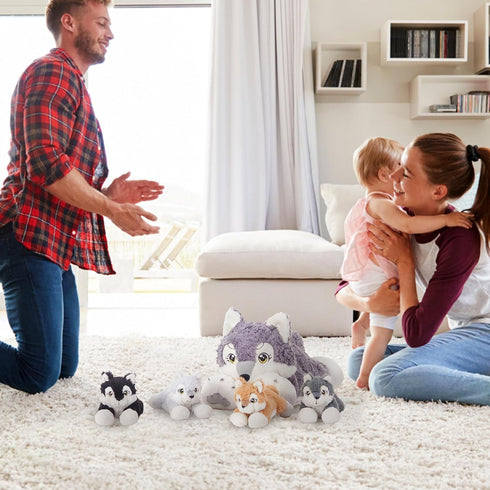 IKASA Mommy Wolf Stuffed Animal, 18" Soft Plush Toy with Mini Babies, Cute Family Set, Gifts for Kids