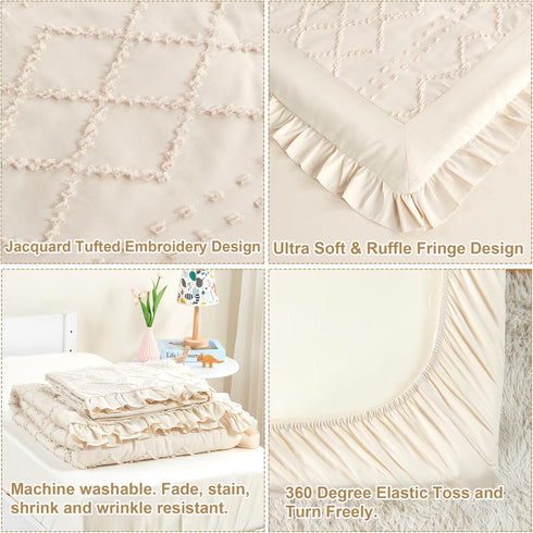 Set 4-Piece Set Set Toddler Bedding for Girls Beige Boho Tufted Toddler Comforter Jacquard Tufts Ruffle Fringe