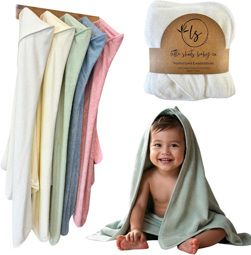 Little Shoots Baby Co. Set, 100% 35" 35" 10" 10" Baby Bath Towel with Hood and Washcloth Organic Rayon Made from