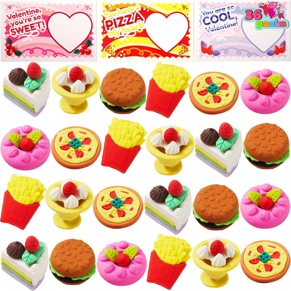 JOYIN 36 Pieces Valentines Day Gift Cards - 3D Dessert Erasers for Kid Classroom Cards, Party Favor Toy Supplies.