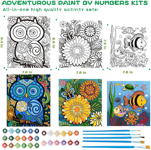 3 Pack Paint by Numbers for Kids Ages 8-12, Pre-Printed Acrylic Oil Painting, Includes (8x10, 8x9, 8x8 inch) Framed Canvas with 30 Acrylic Paint Pots, 5 Brushes for Kids, Art Supplies for Kids 9-12 by Wings Giant