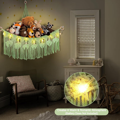 Hammock ANROYE Macrame Stuffed Animal Storage with Star Light, Bear Green for Girls Room Decor, Corner Hanging Mesh