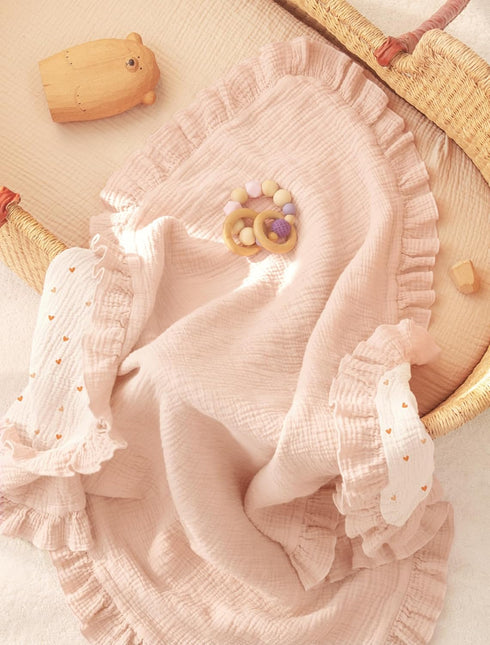 100% 40"x36"(Pink lulumoon Muslin Ruffle Baby Blanket - Soft Breathable Cotton Newborn Wrap for Stroller Travel & Car