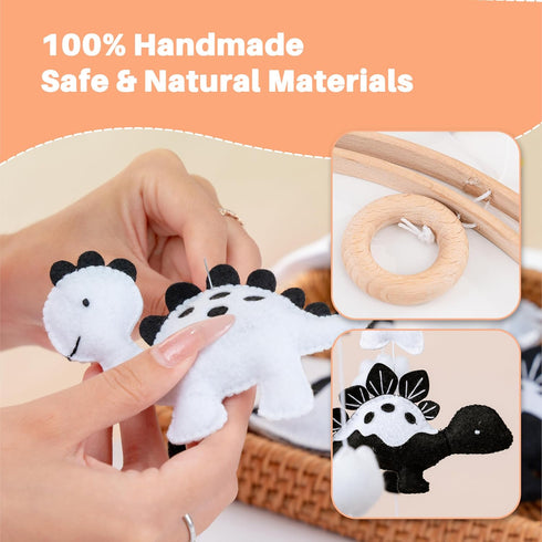 Dinosaur Crib Mobile High-Contrast Black & White Nursery Decor for Newborn Baby Room, Handmade for Boy & Girl, Natural