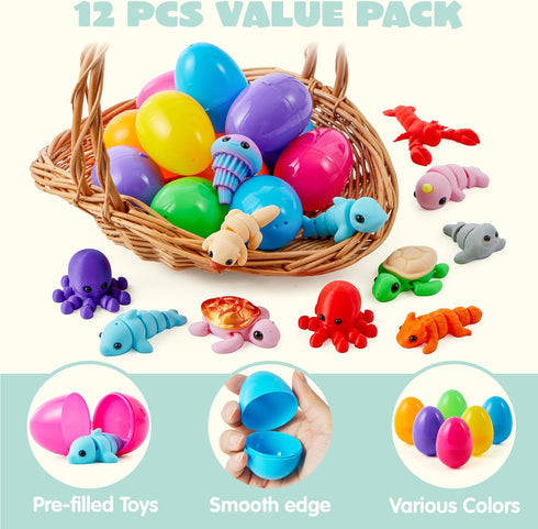 12Pcs 3D 8+) JOYIN Prefilled Easter Eggs with Mini Sea Animals, Articulated Toys, Printed Toys, Basket Stuffers