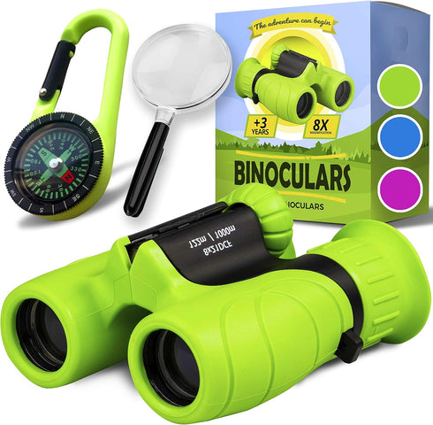 Promora Binoculars for Kids, Set with Magnifying Glass & Compass, Purple, for Ages 3-12