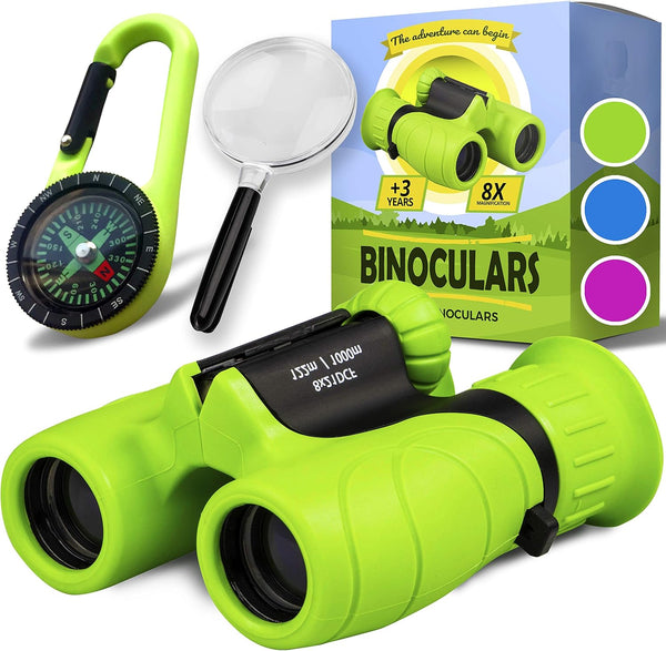 Promora Binoculars for Kids, Set with Magnifying Glass & Compass, Purple, for Ages 3-12