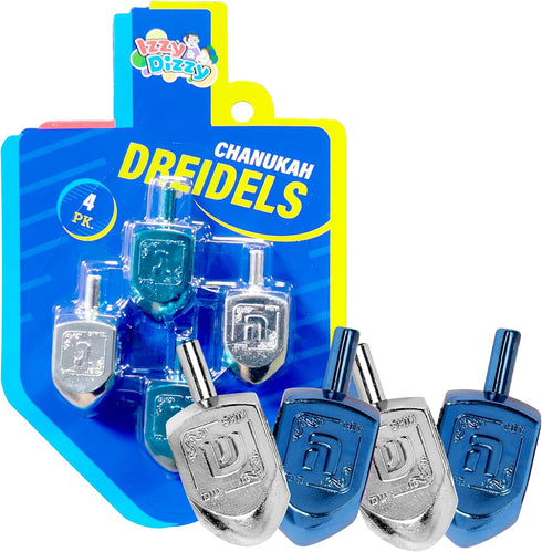 Hanukkah Dreidels - Metallic Blue and Silver Dreidel, 4 Pack Medium