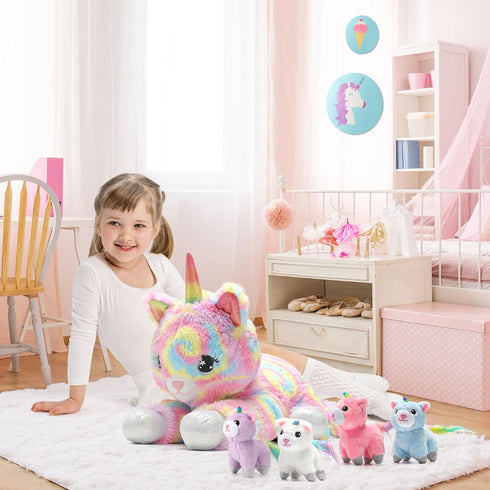 22inch Momma 4pcs 5 1 Playset Unicorn Stuffed Animals Cat Plush for Girls, Cat Plushie with Baby Kitty Toys