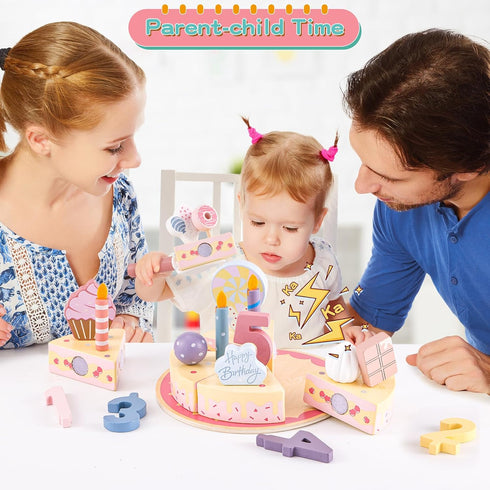Set Birthday Party Cake Toys, Wooden Play Food for Kids Toddlers, Play Kitchen Toys for Boys Girls, Educational Toys