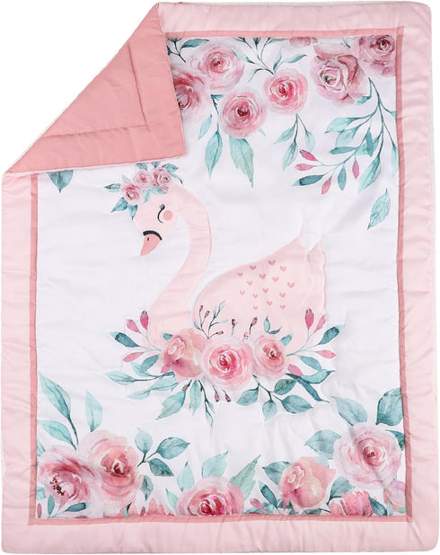 Whimsical Pink Swan Baby Quilt with Watercolor Roses and Satin Trim