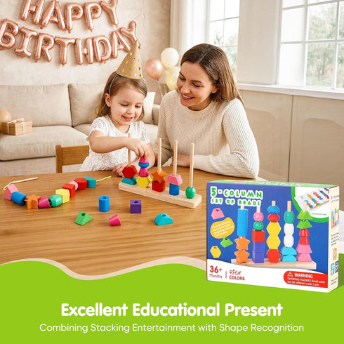 JRUXJWI Set 3 4 5, Montessori Wooden Threading Beads for Toddlers Bead Sequencing & Stacking Toy with Pattern Cards