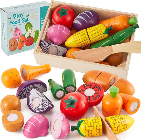 HERSITY Wooden Play Food for Toddlers, Cutting Vegetables Toys Kids Pretend Play