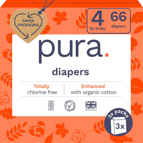 Pura Size 4 Eco-Friendly Diapers (18-31lbs) TCF Hypoallergenic, Soft Organic Cotton, Sustainable,