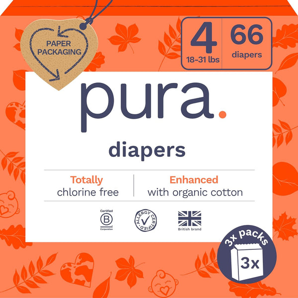 Pura Size 4 Eco-Friendly Diapers (18-31lbs) TCF Hypoallergenic, Soft Organic Cotton, Sustainable,
