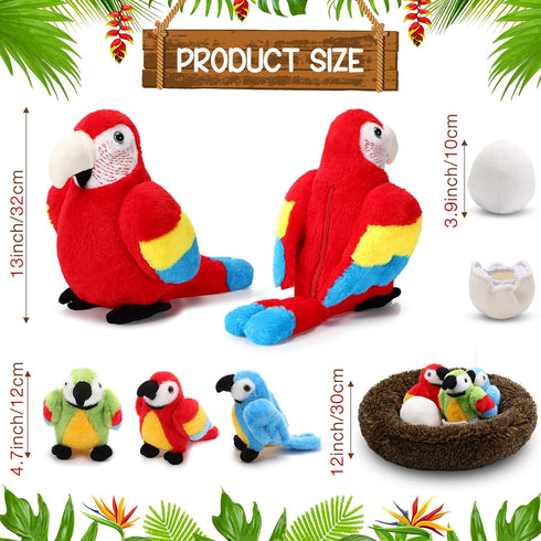 Meooeck 7 Pcs Macaw Parrot Plush Toys Set | 13 Inch Large Mommy Parrot with Nest, Egg & 3 Cute Baby Plushies