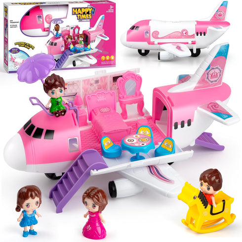 XDUOYJOY Pink Airplane Toy for Kids, Plane Toys with Dolls, Furniture and