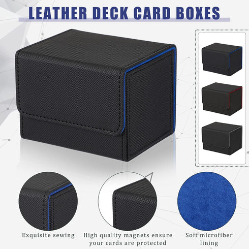 Weewooday 3 Pieces Leather Deck Card Boxes - Compatible with MTG for 100 Plus Cards (Black, Black Red, Black Blue)