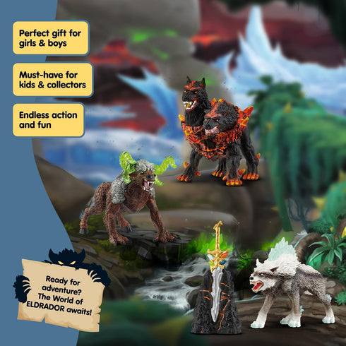 5PC Set Playset 7+ 72179 Schleich Eldrador Creatures - Fantasy Creature - Ice Wolf, Lava Hound, Rock Beast and Sword