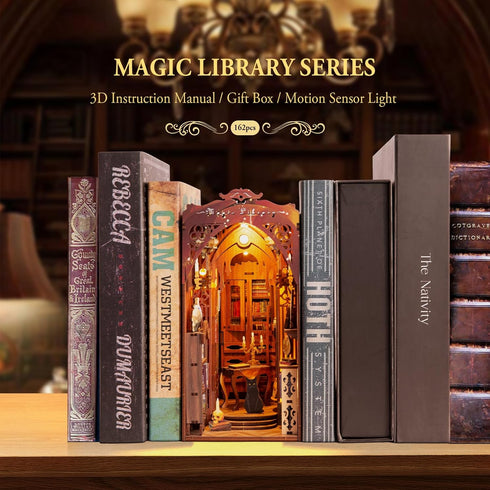 ZHIMUJI 3D DIY Book Nook Kit Wooden Puzzle Shelf Insert with Motion Sensor LED Light- Miniature Dollhouse Bookend Decor