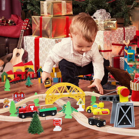TOY Life Train Set 60pcs Wooden Train Set with Crane, Tracks for Toddlers 3-5, Fits Thomas Brio Melissa