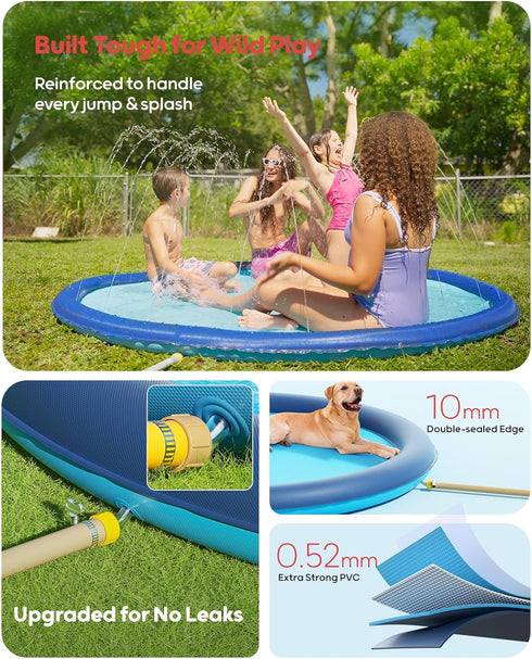 67" 0.52mm Summer QPAU Splash Pad with Flying Disc for Dogs & Kids Extra-Thick Non-Slip Sprinkler Pool, Leakproof Water