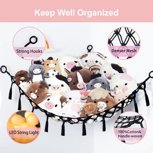 Yewiwin Hammock Hammock (Black(55"*55"*72")) Stuffed Animal Net or with Light, Macrame Hanging Net for Stuffed Animal